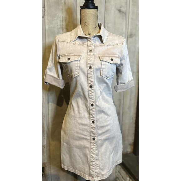The Wash Lab Fitted Cream Distressed Denim Button Down Mini Dress Size XS - Picture 2 of 7